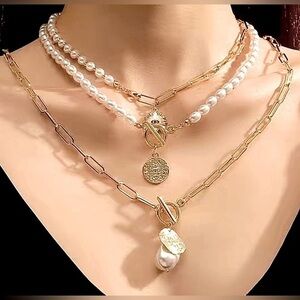 Layered Gold with pearls Necklace evil eye 3pc coin